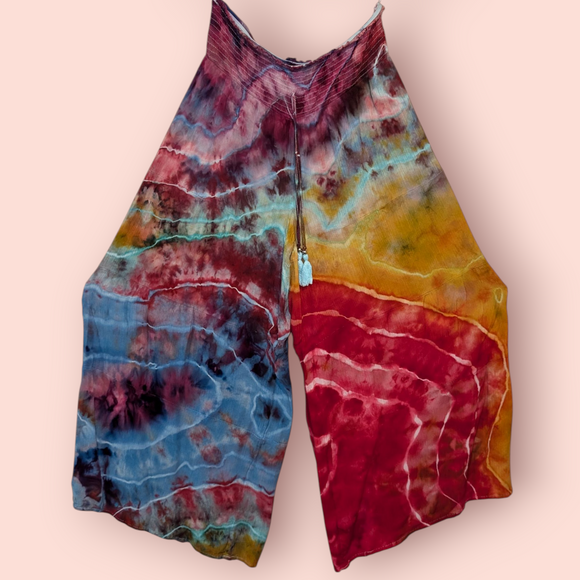 Large shirred waist tiered flow pants